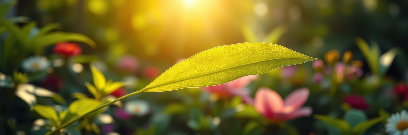 Sunlight filters through vibrant foliage in a serene garden filled with blooming flowers during golden hour